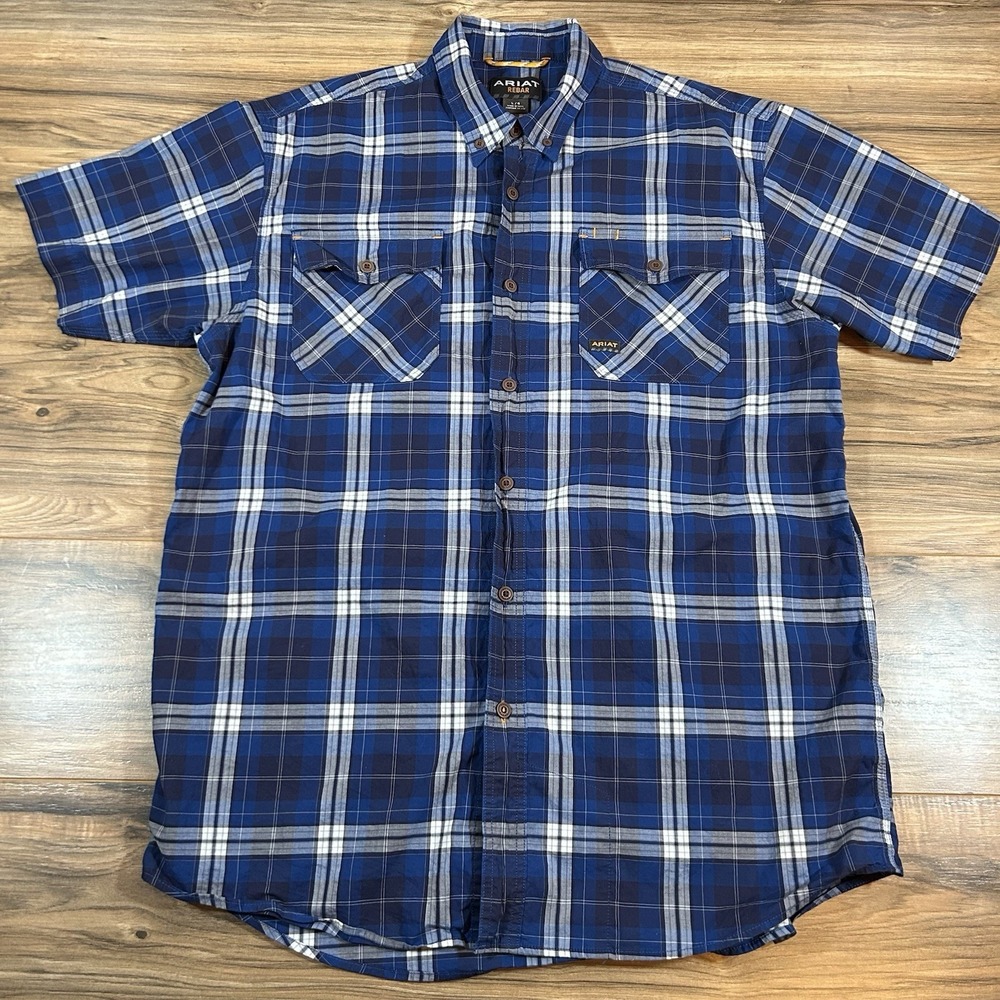 Ariat Rebar Mens LG |Blue| Plaid Short Sleeve Button Down Work Shirt
